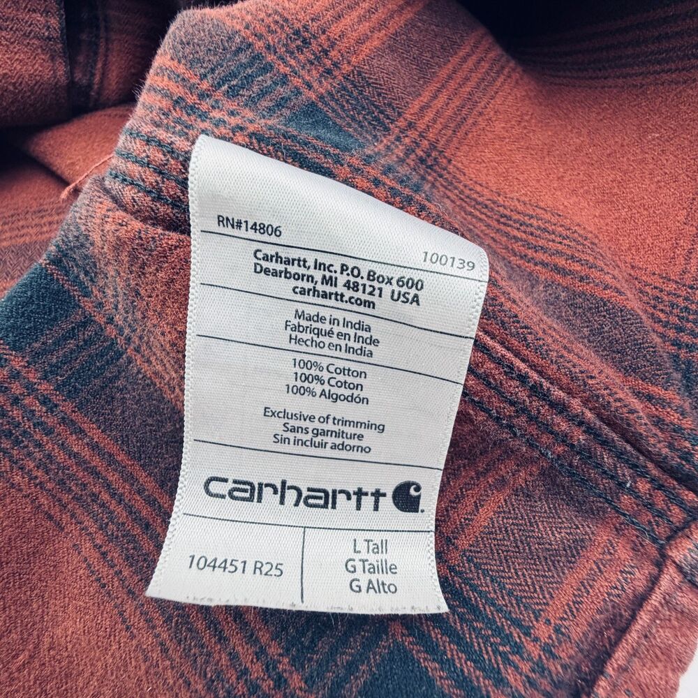 Carhartt Rust Plaid Heavyweight Flannel Shirt Large Tall - Picture 7 of 10
